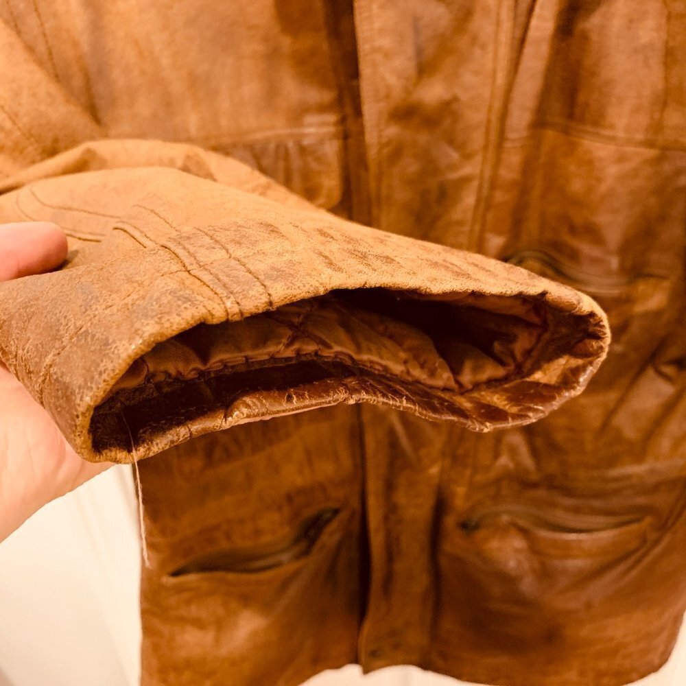 Vintage Mirage Brown Soft Distressed Leather Jacket Coat Size 44 XL - Picture 14 of 15